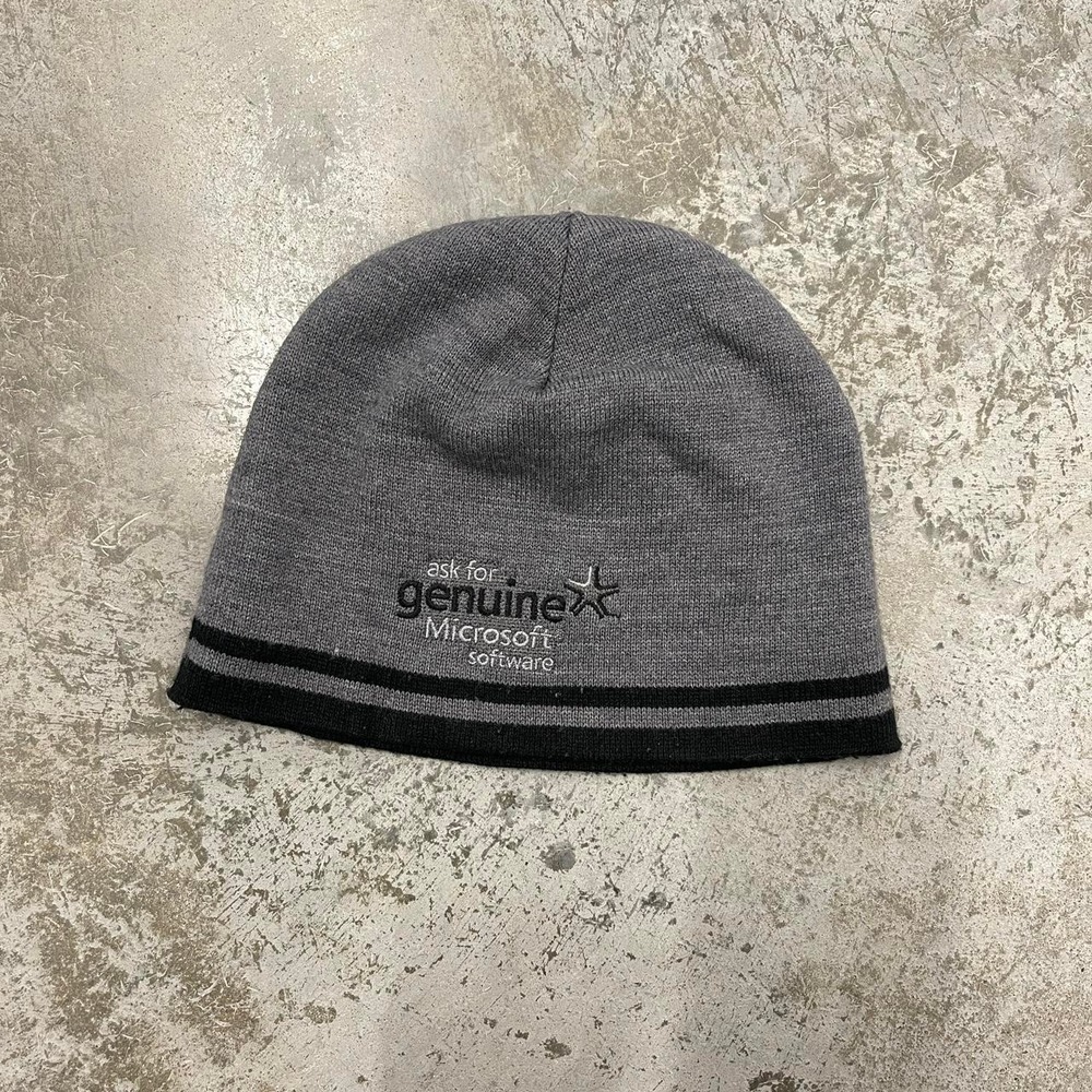 Vintage Microsoft Software Tech Promo Striped Knit Beanie Hat Gray Y2K Cyber